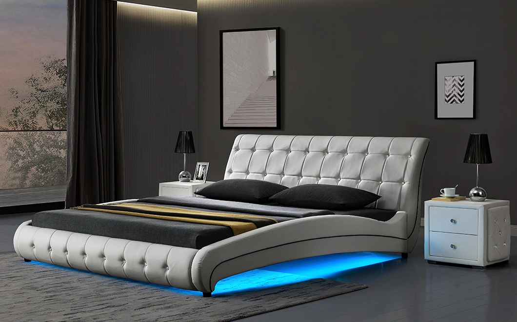 Willsoon 1144-1 Italy Style Buttoned Design PU Synthetic Luxury Double Bed Frame with Stylish Curve&LED Light